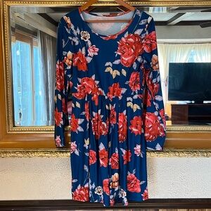 Blue & Red Floral Long Sleeve Dress - Size M